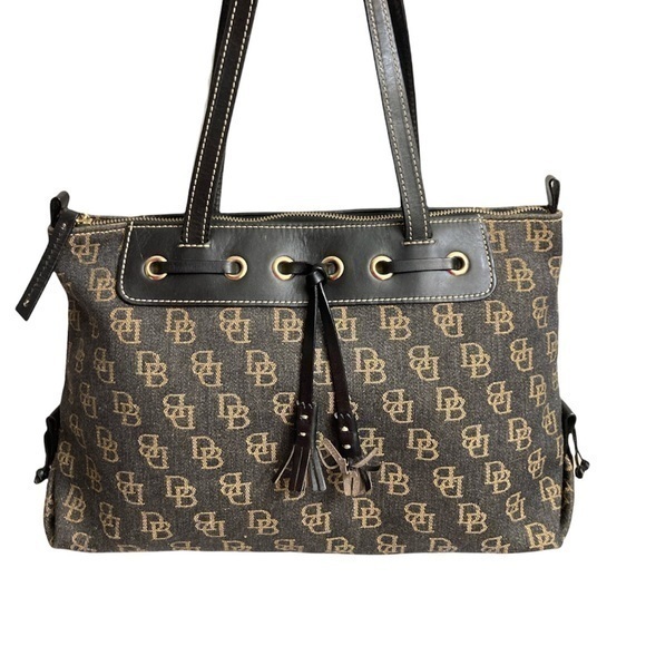 Dooney & Bourke Gray Tan Black Tassel Top Zip Tote Bag